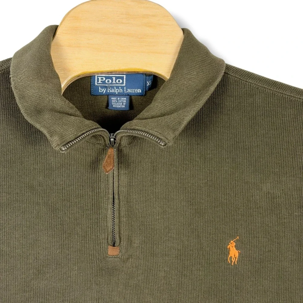 Polo Ralph Lauren Quarter Zip Men XL Olive Green Vintage 90s Cotton Sweater Pony